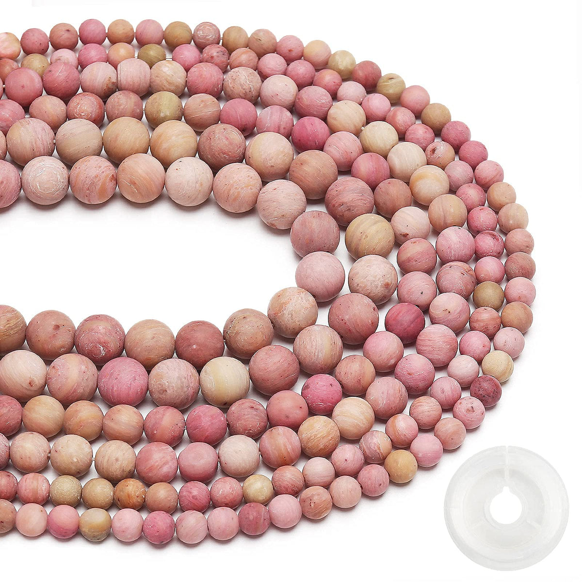 Natural Matte Rhodochrosite Beads, 6MM Round Frosted Unpolished Loose Gemstone Beads for Bracelet Necklace Jewelry Making, Energy Stone Healing Power with Stretch Beading Cord