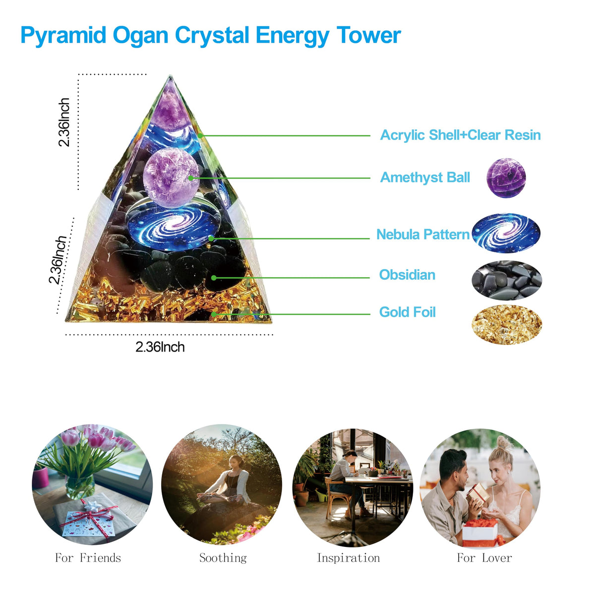 ycyingcheng Moonstone Crystal Orgone Pyramid Ogan Crystal Energy Tower, Nature Reiki Chakra Crushed Stone Jewelry, Crystal Pyramid for Home Decor (Blue Nebula)