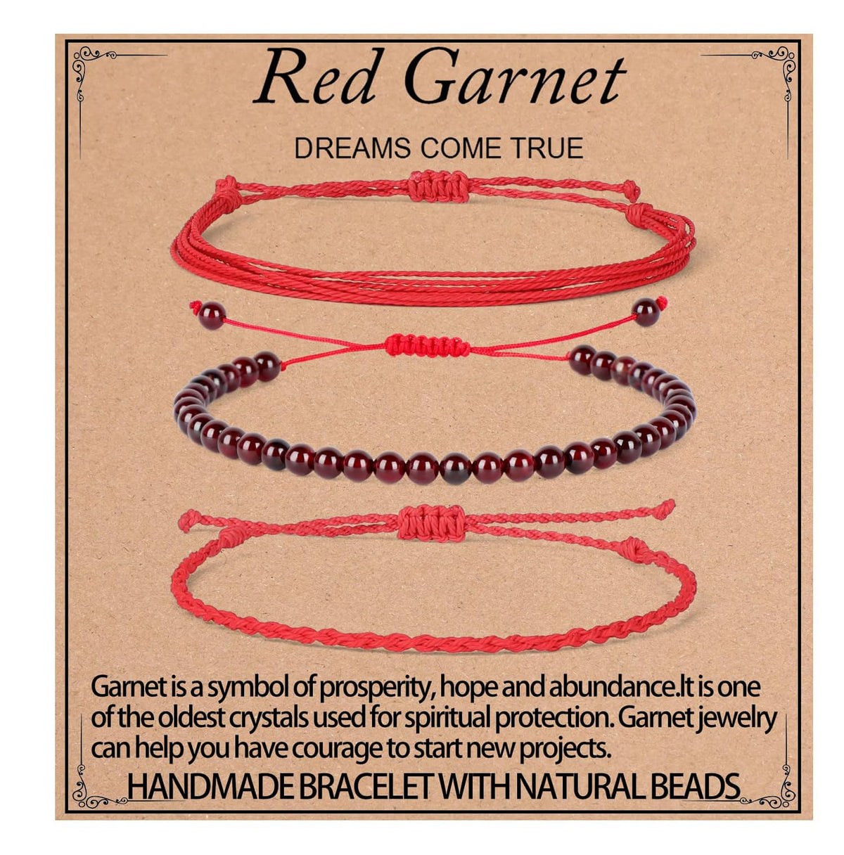 QOGIR Handmade Healing Bracelets,4mm Natural Red Garnet Gem Stone Beads Bracelet for Men Women Gifts with 2PCS Size Adjustable Rope Bracelets