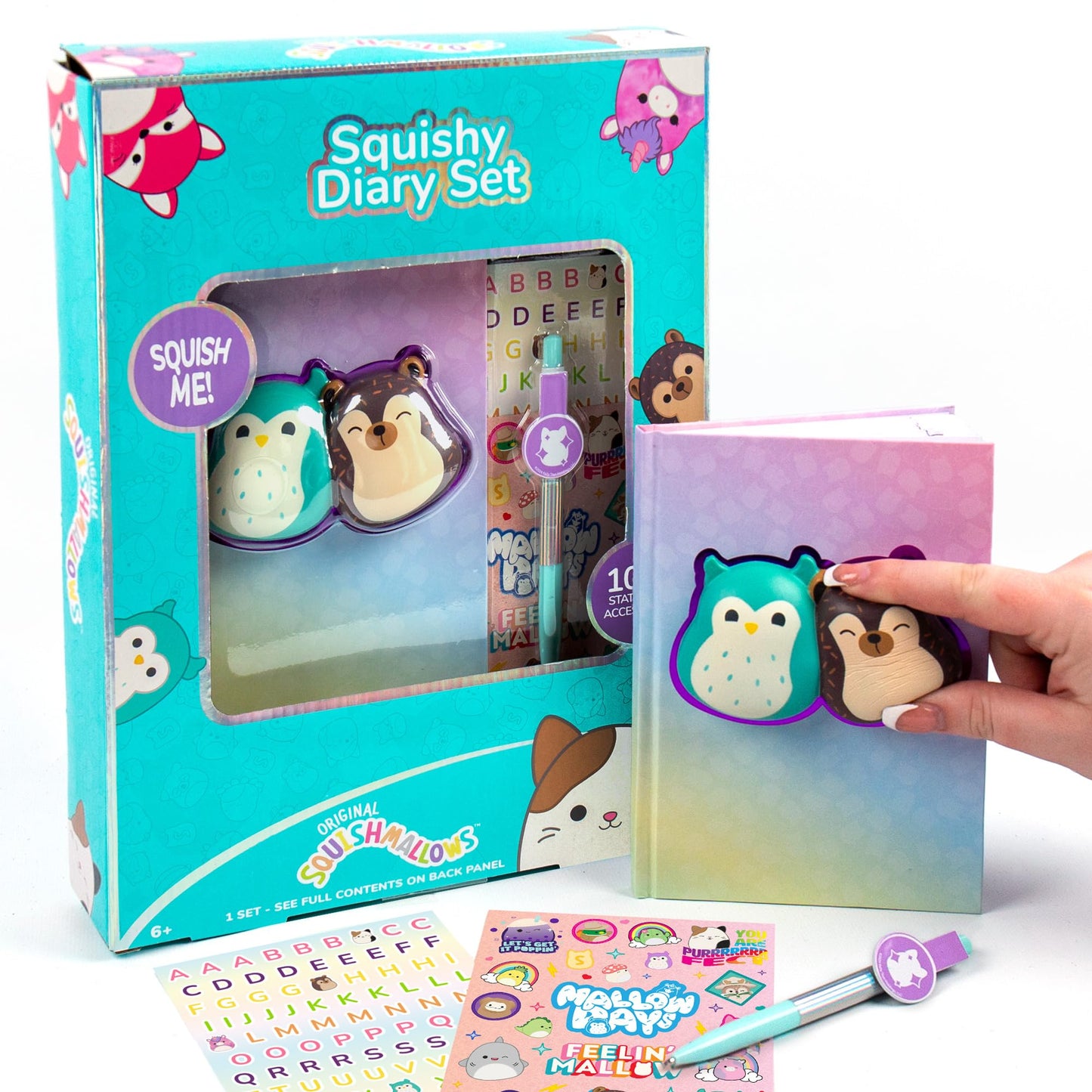 Squishmallows Original Squishy Diary Set, Includes 5 x 7 Diary, 60 Sheets, Kawaii Stickers, Pen, Fun Journaling Kit & Sketchbook for Kids, School Supplies, Journal for Girls