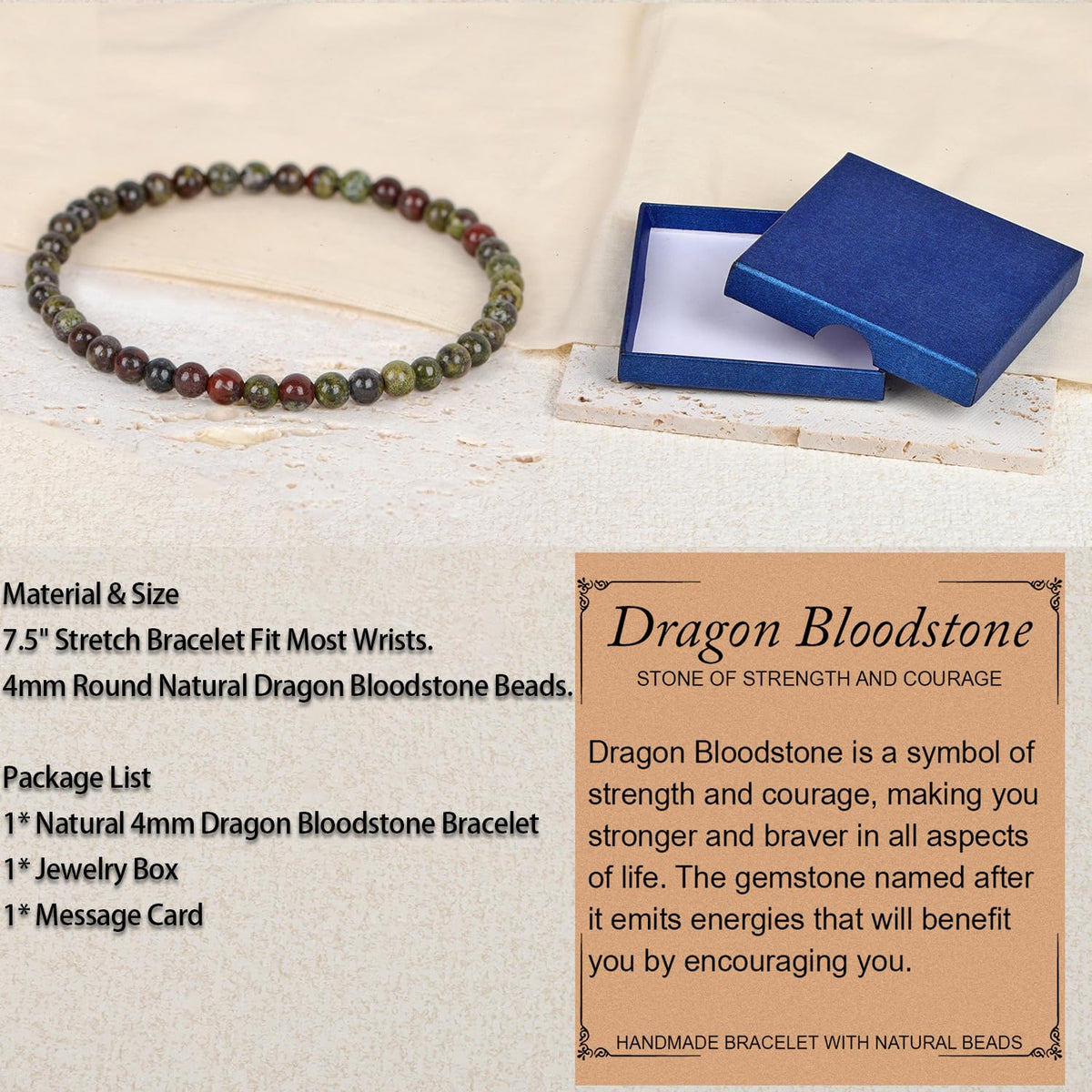 LPBeads Handmade Natural Gemstone Stretch Elastic 4mm Dragon Bloodstone Bracelet Healing Crystal Round Stone Beads Jewelry Gifts for Women Men