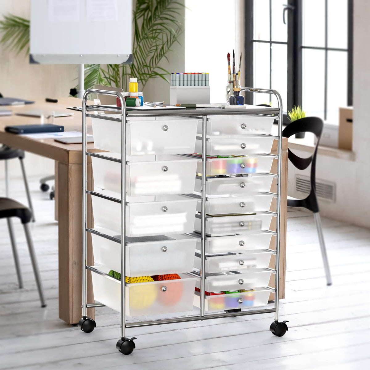 Simple Houseware Utility Cart with 15 Drawers Rolling Storage Art Craft Organizer, Chrome