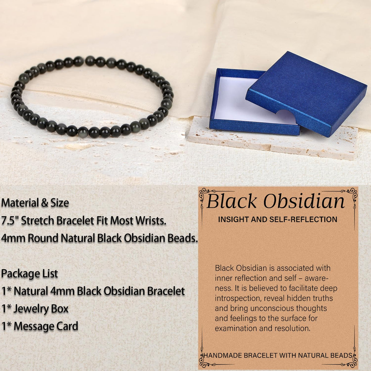LPBeads Handmade Natural Gemstone Stretch Elastic 4m Black Obsidian Bracelet Healing Crystal Round Stone Beads Jewelry Gifts for Women Men