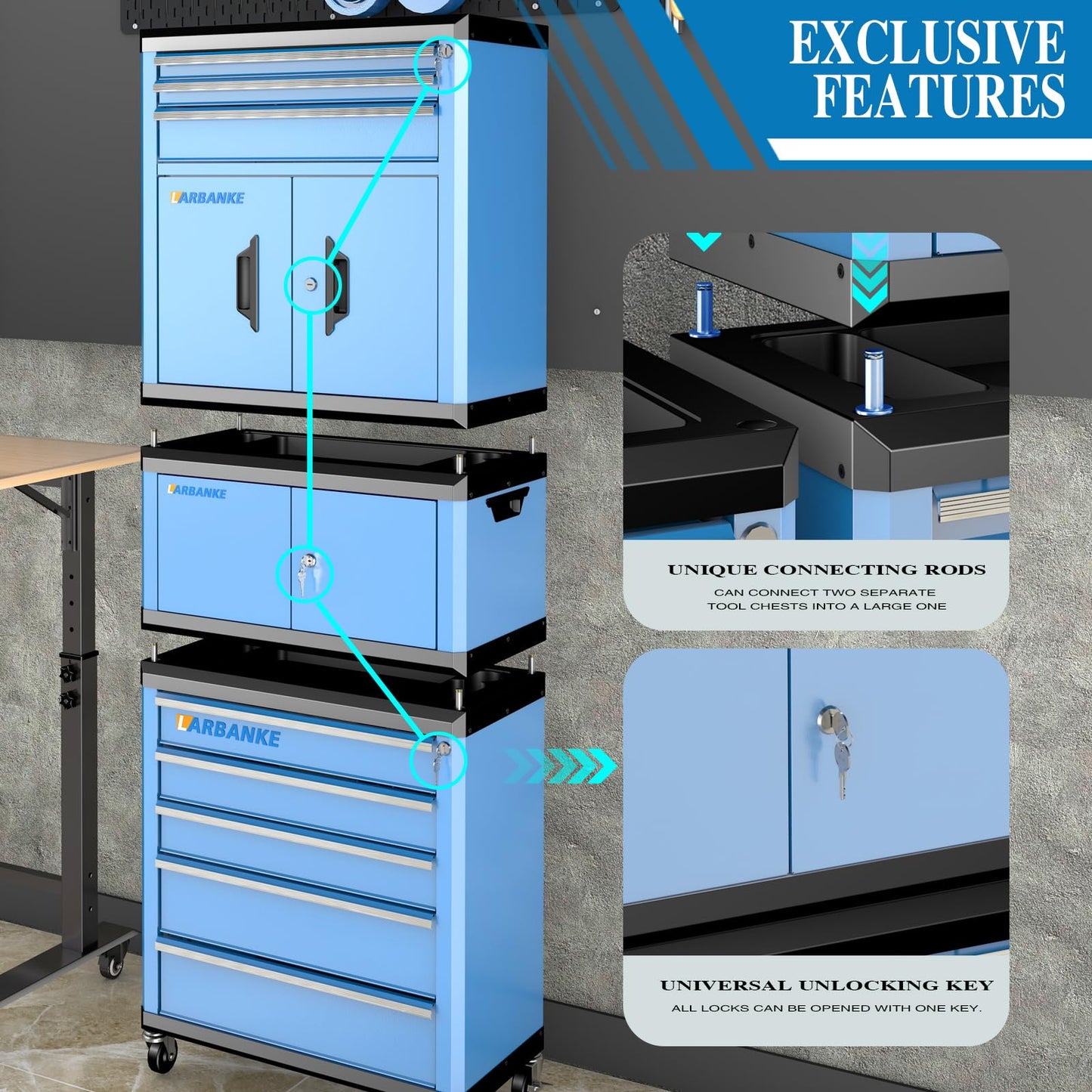 LARBANKE 8 Drawer Rolling Tool Chest with Locks&360° Wheels,Tool Cabinet with Multifunctional Countertop,Tool Chest with Connection Rods,Can Be Used as 3 Individual Units or Combine a Large One