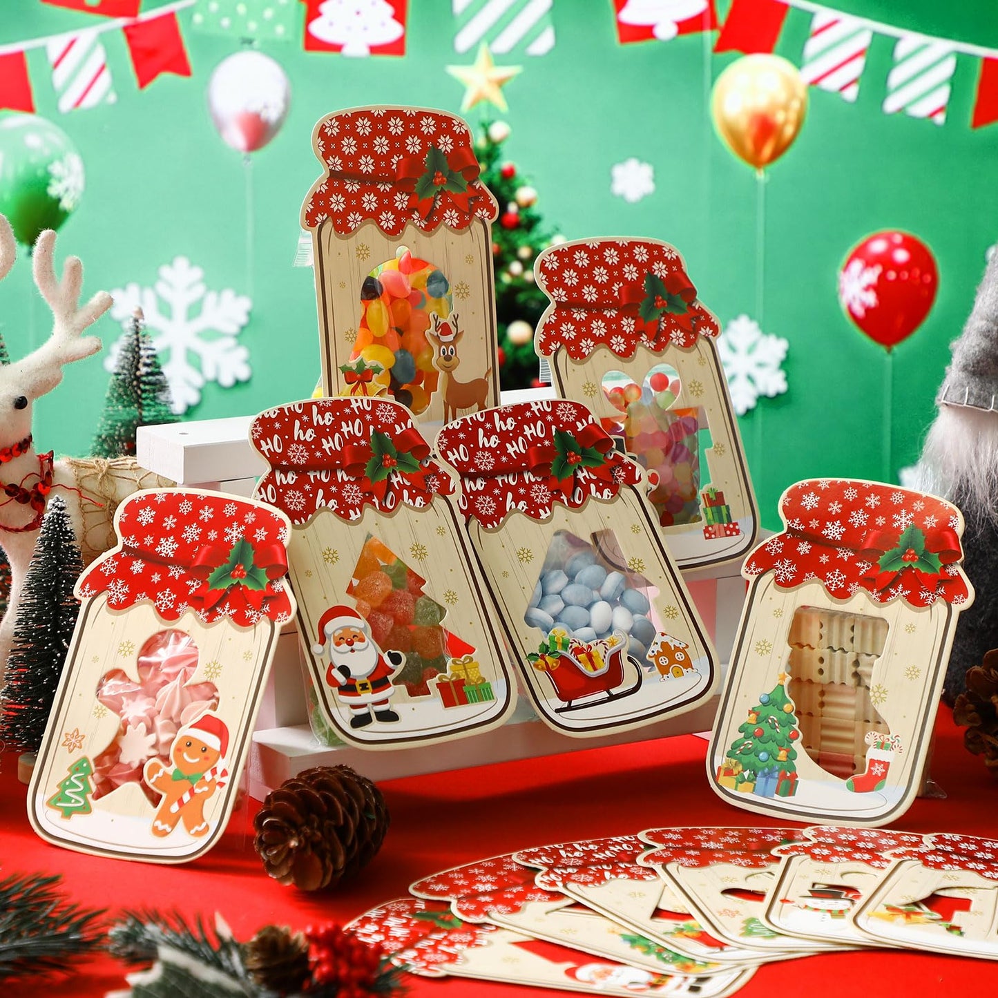 Honeydak 100 Set Mason Jar Cards Kit with 100 Clear Treat Bags & 100 Adhesive Strips, DIY Goodie Bags, Party Favors Supplies, Gift Exchange, Holidays Prizes