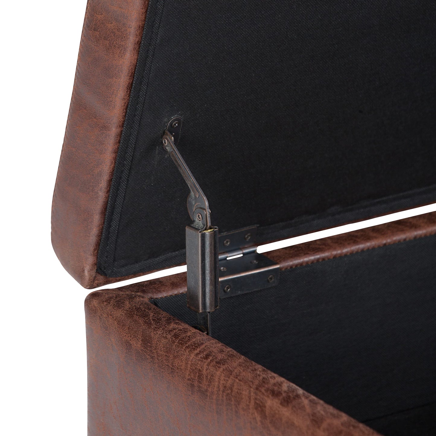 SIMPLIHOME Owen Coffee Table Storage Ottoman - 34" Wide x 19" High Upholstered Vegan Leather Rectangular Lift-Top Ottoman in Distressed Saddle Brown, Mid-Century Modern Bench with Tapered Legs