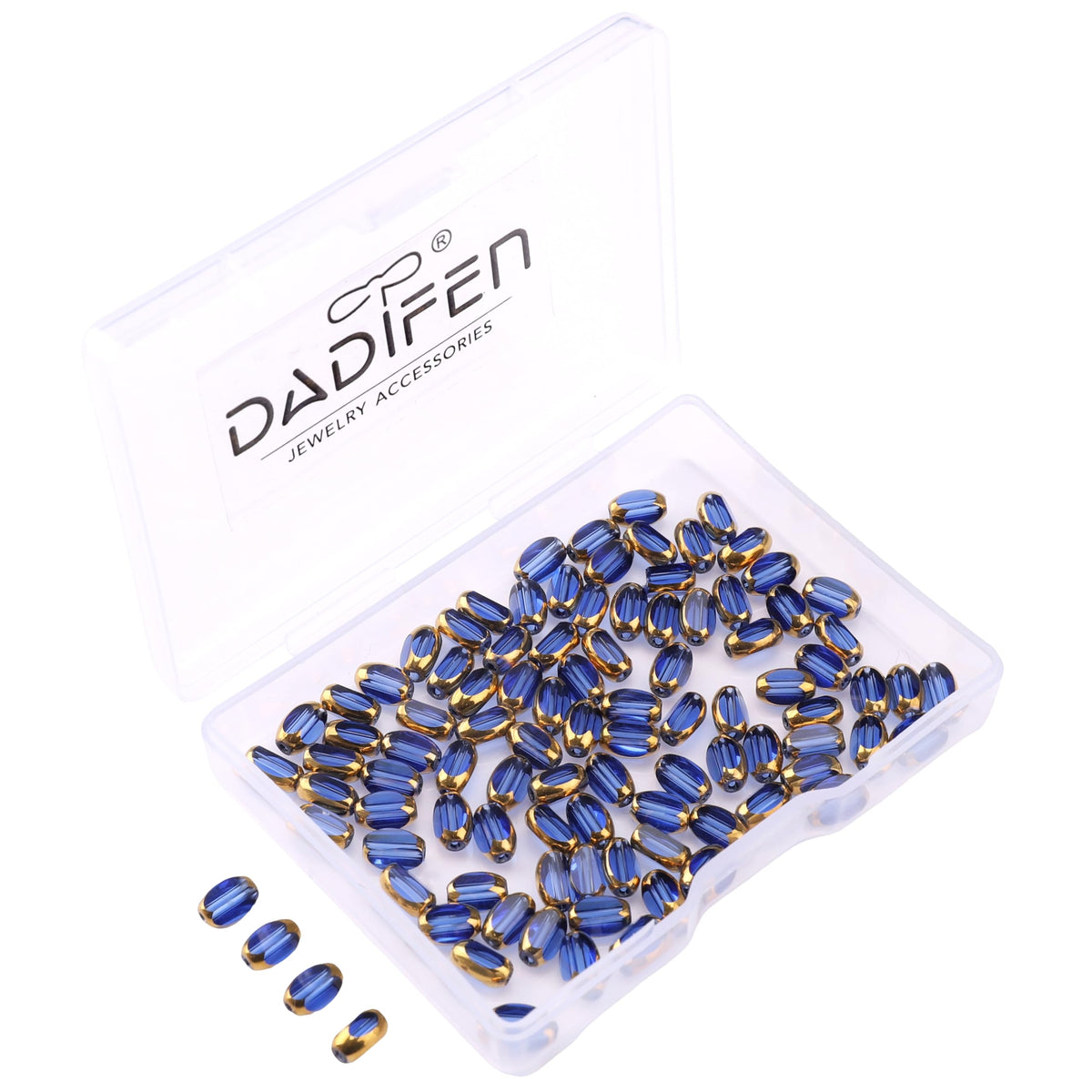 DADIFEN Glass Rice Beads Clear Royal Blue 4x6mm 50pcs Faceted Oval Golden Edge Crystal Loose Beads for DIY Craft Jewelry Making