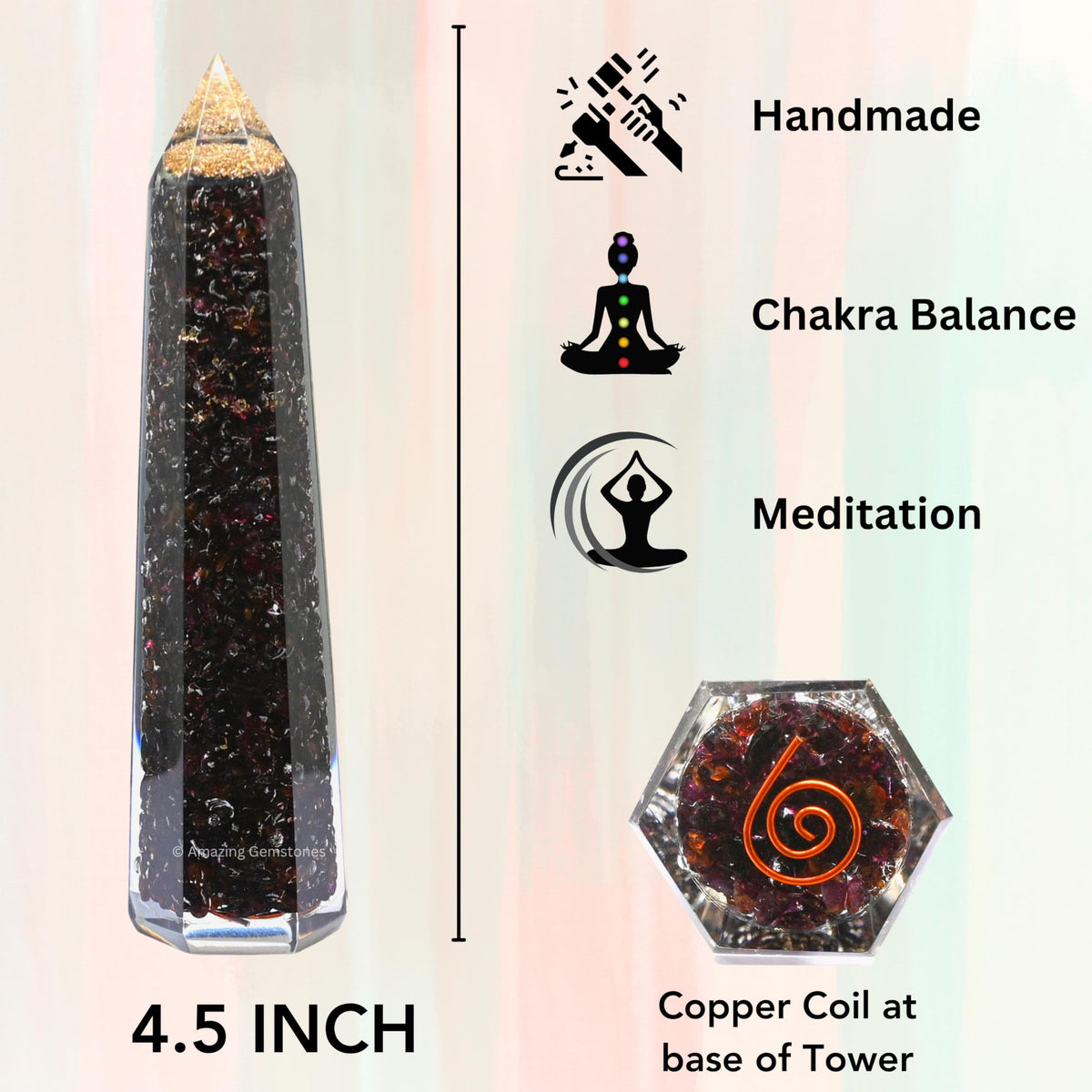 Amazing Gemstone Garnet Orgonite Orgone Crystal Towers - Large 4.5" Orgonite Crystal Wand Obelisk Tower Point for Meditation, Crystals and Healing Stones Gift and Protection