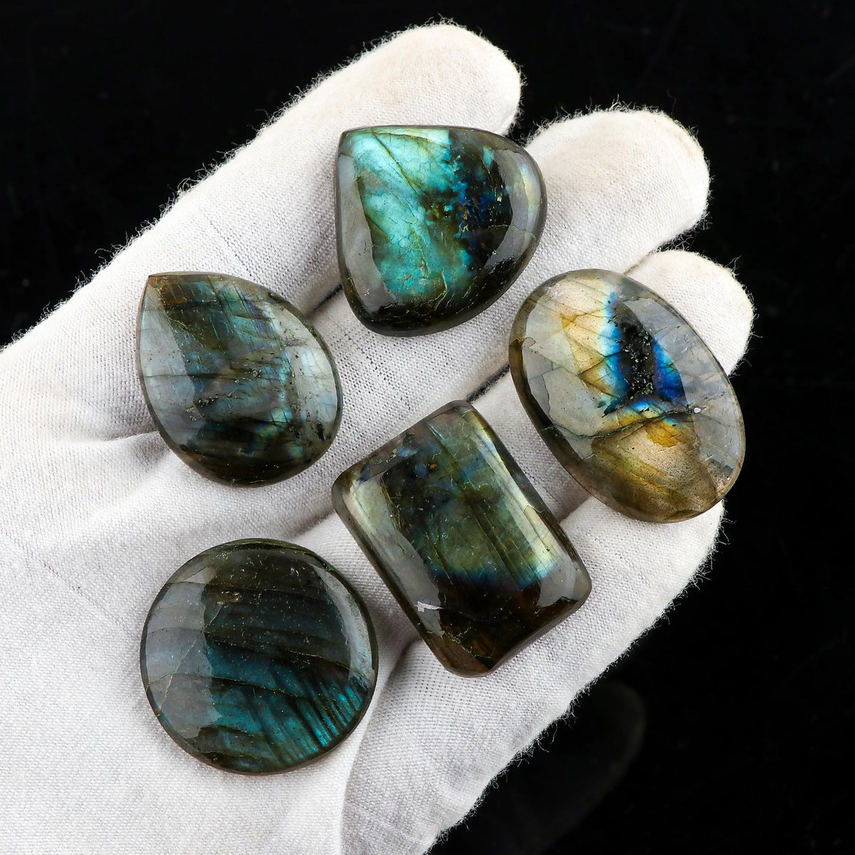 CRYSTALIS Wholesale 5pcs Natural Labradorite Loose Gemstone Bulk Cabochons Jewelry Making Supply, Chakra Healing Polished Stones, Wire Wrapping, DIY, Gem Collection