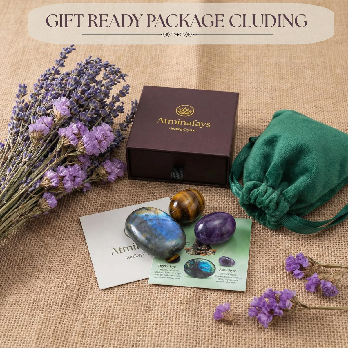 Protection & Anxiety Relief Crystal Set - Polished Palm Stones Labradorite, Tiger Eye & Amethyst, Worry Stones Trio for Meditation, Yoga, Travel Protection, Aura Cleansing & Chakra Balance