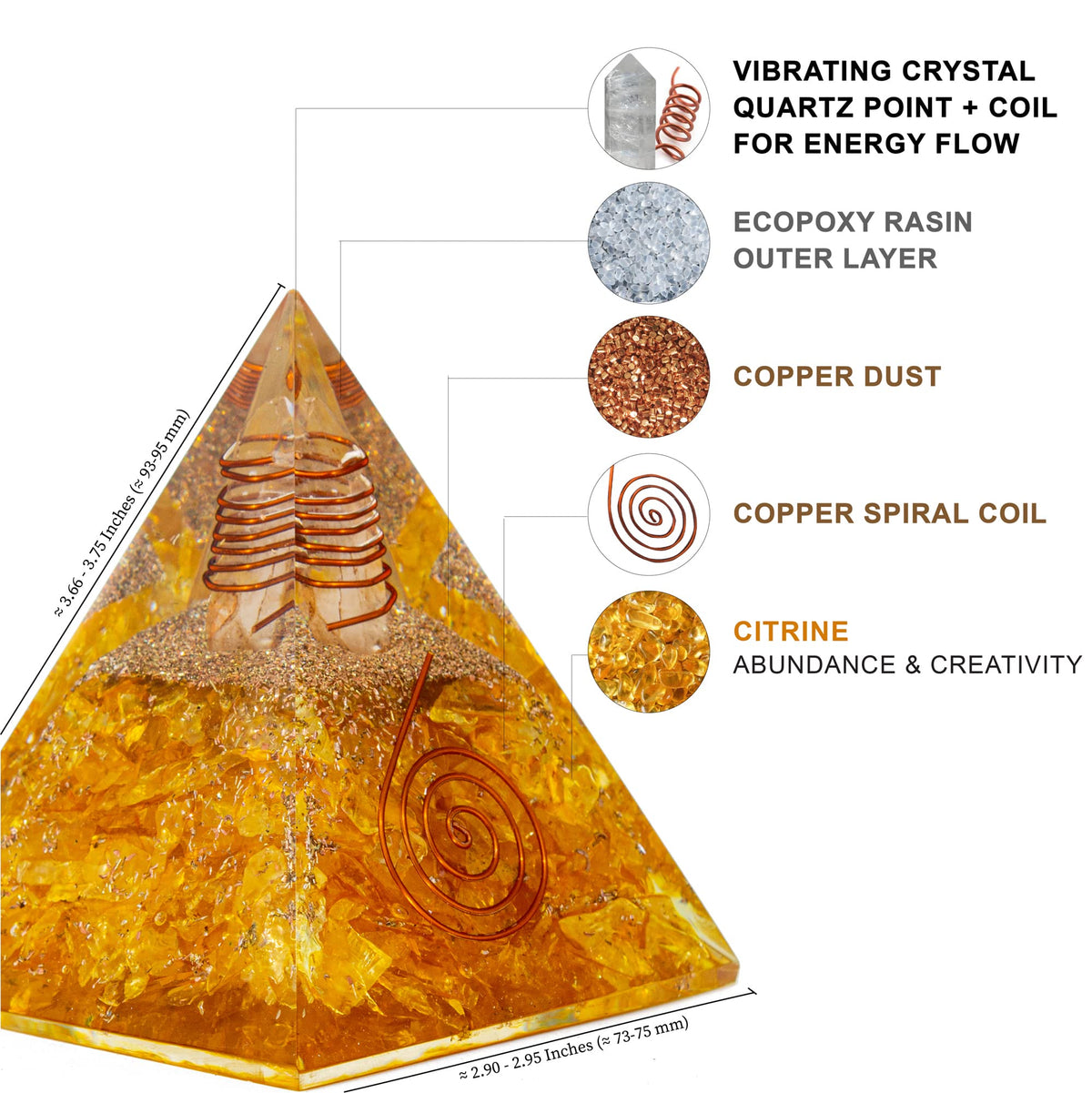 Citrine Orgone Pyramid for Success & Motivation | Orgonite pyramids with Copper Coil and Crystal Quartz for Chakra Protection
