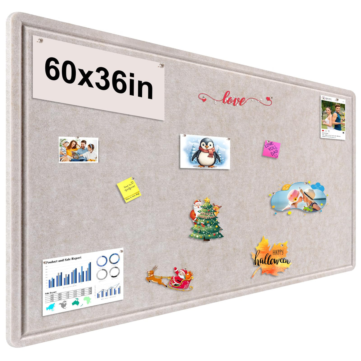 Large Bulletin Board, Foldable 60x36 Inches Cork Board Alternative, Large Felt Board Decorative Pin Board for Wall, Foldable Photo Board Self-Adhesive Vision Board with 36 Pushpins Light Khaki