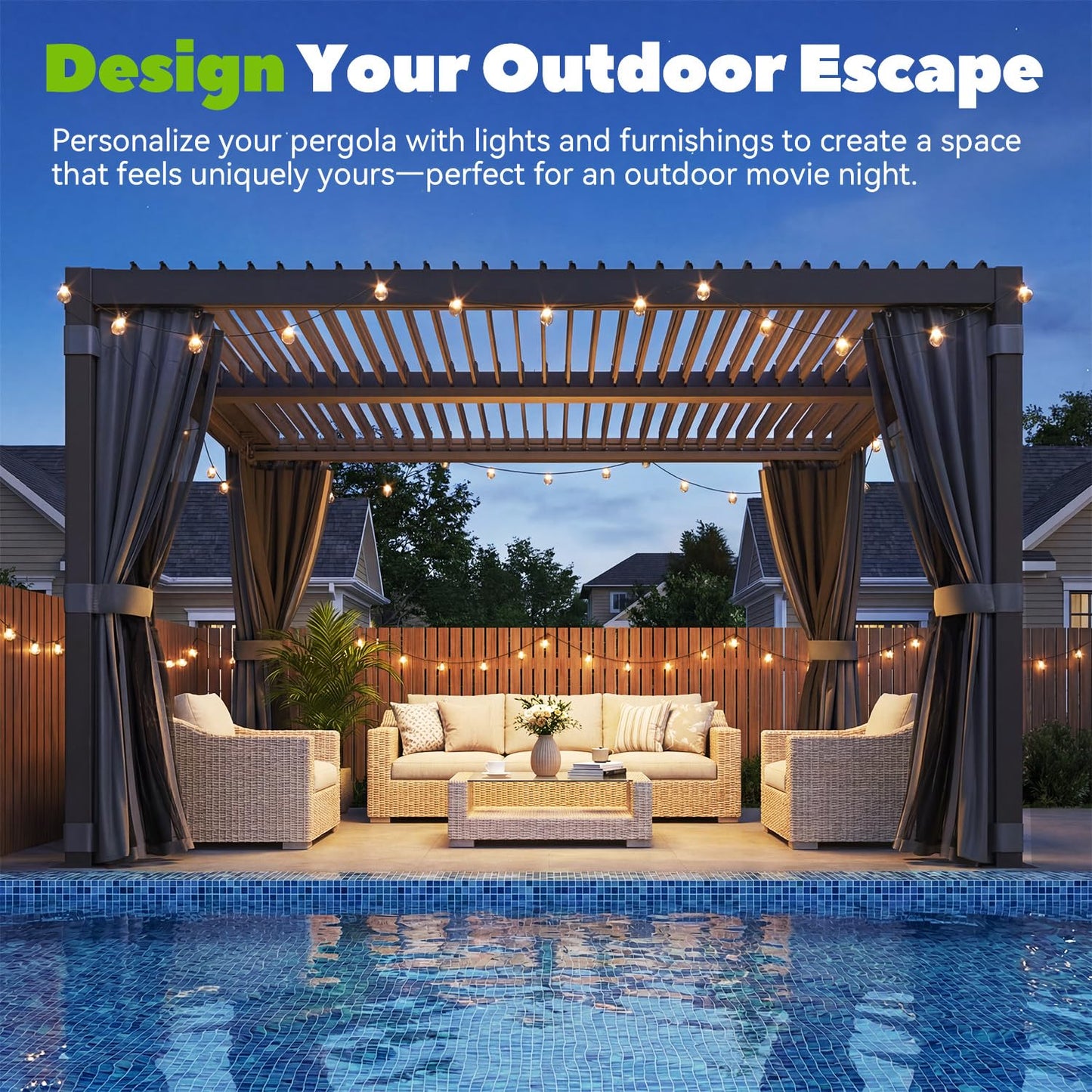 MELLCOM Louvered Pergola 10x12, Outdoor Rustproof Shelter with Adjustable Roof, Steel Aluminum Gazebo with Waterproof Curtains and Netting for Patio Deck, Dark Grey