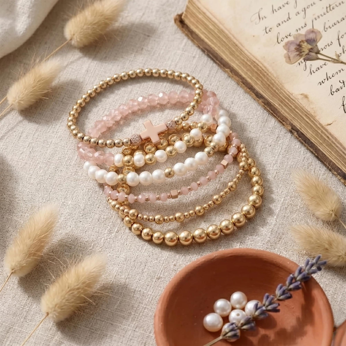 NoctisNest 6 Pcs Layered Cross Bracelet for Women, Pink Gold Stackable Pearl Beaded Bracelets for Her Mom Girlfriend, Dainty 14K Gold Plated Bracelet Set for Mothers Day Gifts