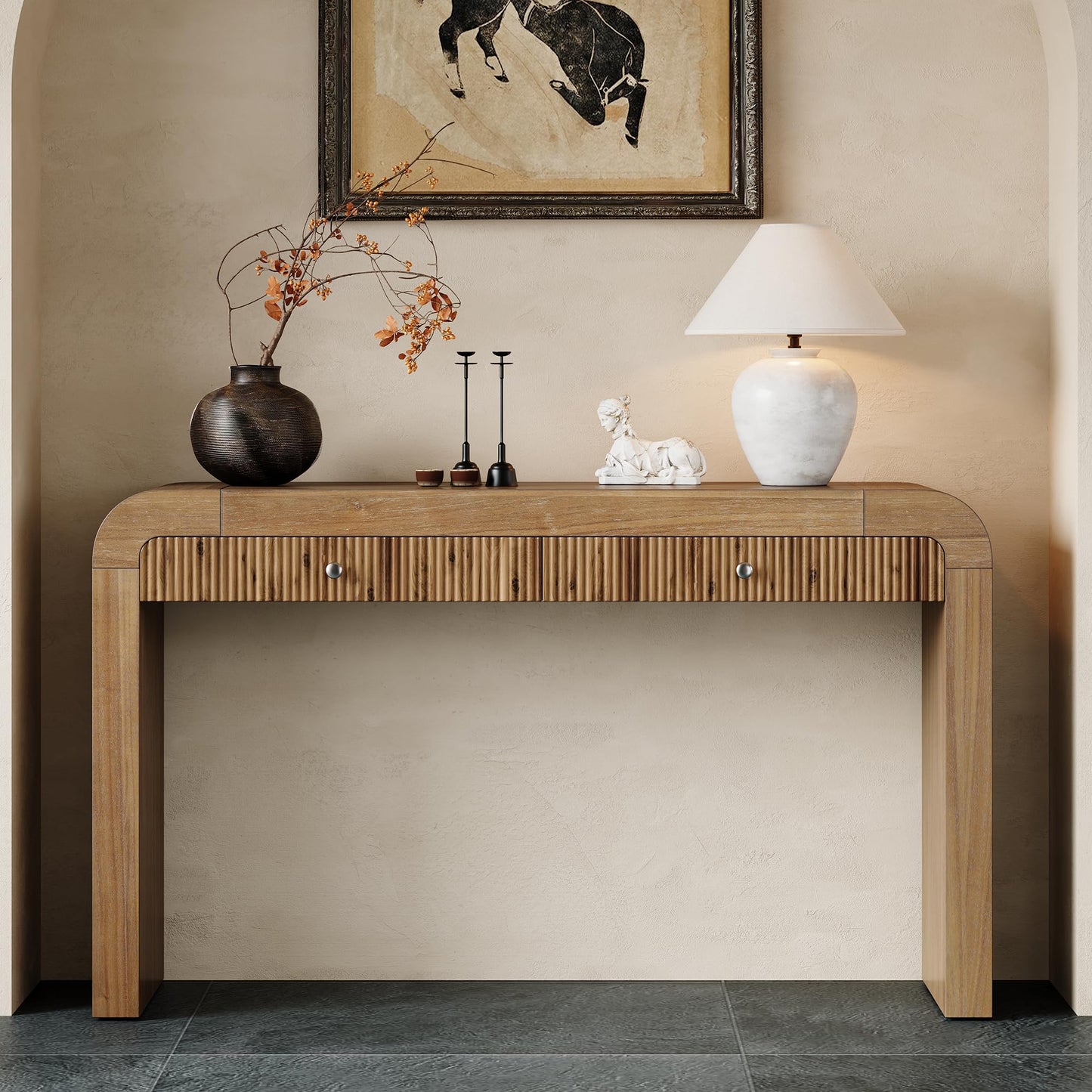 Merax Rustic Console Table with Fluted Drawer Front, Entryway Table with Curved Corners & Thick Legs, Sturdy Sofa Table for Hallway & Living Room, Natural