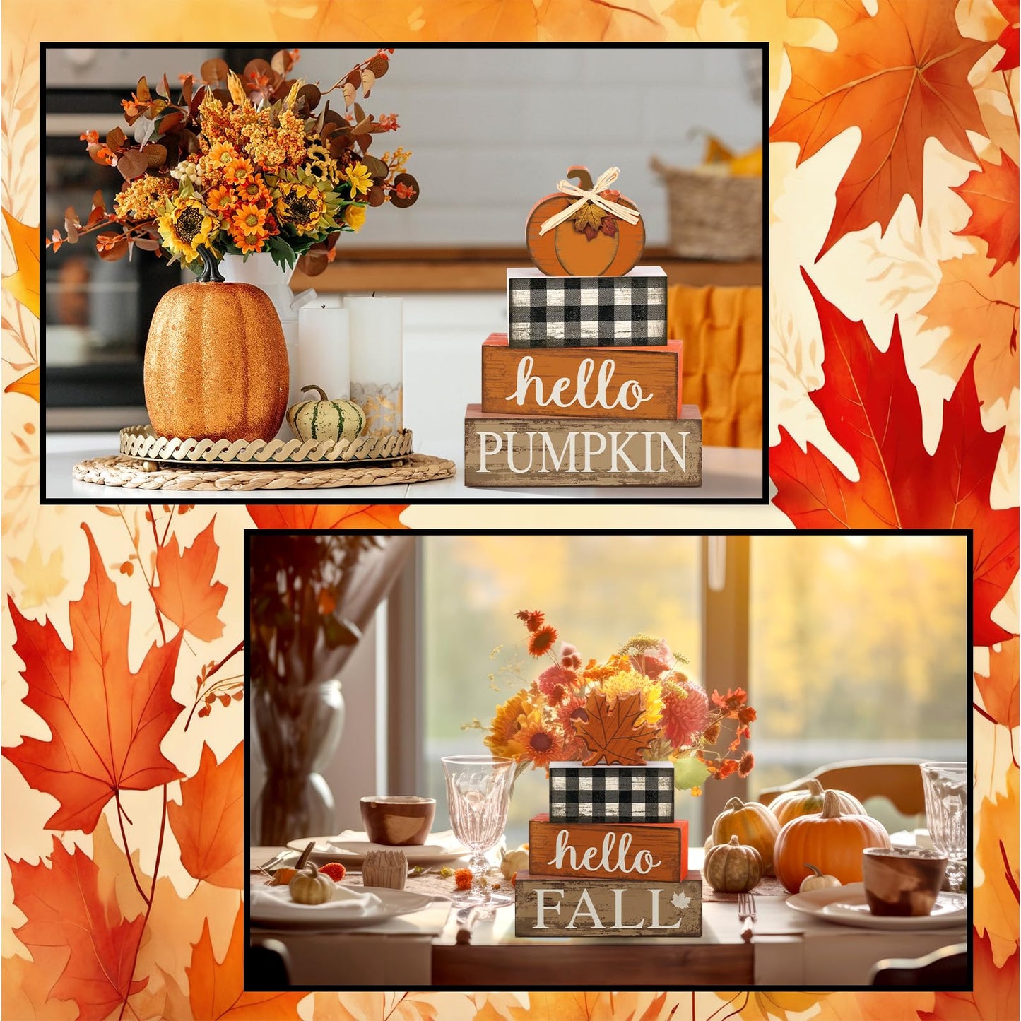 Briwooody 5 Pcs Thanksgiving Table Decor Wooden Reversible Maple Leaves Pumpkin Fall Tiered Tray Decor Thanksgiving Centerpiece Maple Leaves Pumpkin Block Signs Farmhouse Autumn Decoration for Home