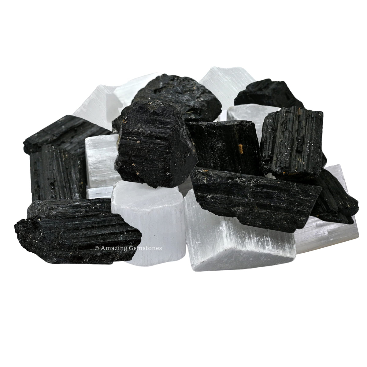 Amazing Gemstone Black Tourmaline Selenite Crystal - 1/2 lb Bulk Raw Black Tourmaline Crystals and Selenite Healing Crystals for Protection, Crystal Grid, Energy Piedra Selenita Original