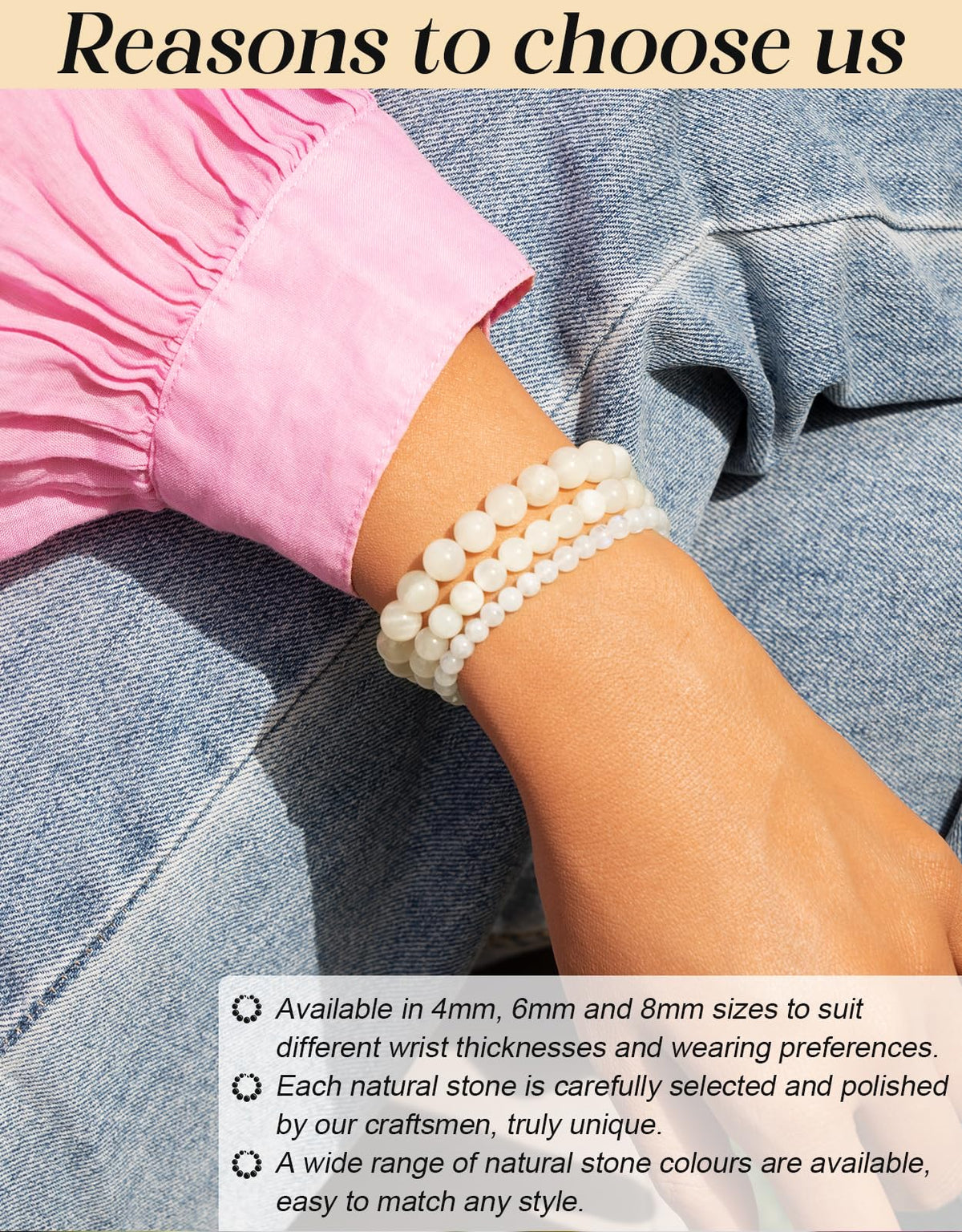 Landorilo Beaded Bracelet for Men Women, 6mm Natural Stone Moonstone Healing Crystal Stretch Bracelets, Ideal Christmas Birthday Jewelry Gifts with Energy Card，Replacement Beads Included