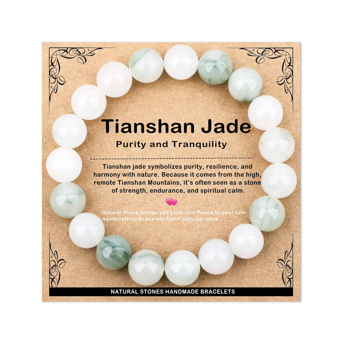 AD Beads 10mm Handmade Tianshan Jade Elastic Bracelet – Natural Gemstone for Purity and Tranquility – Meditation, Yoga, Healing and Energy Gift for Men Women