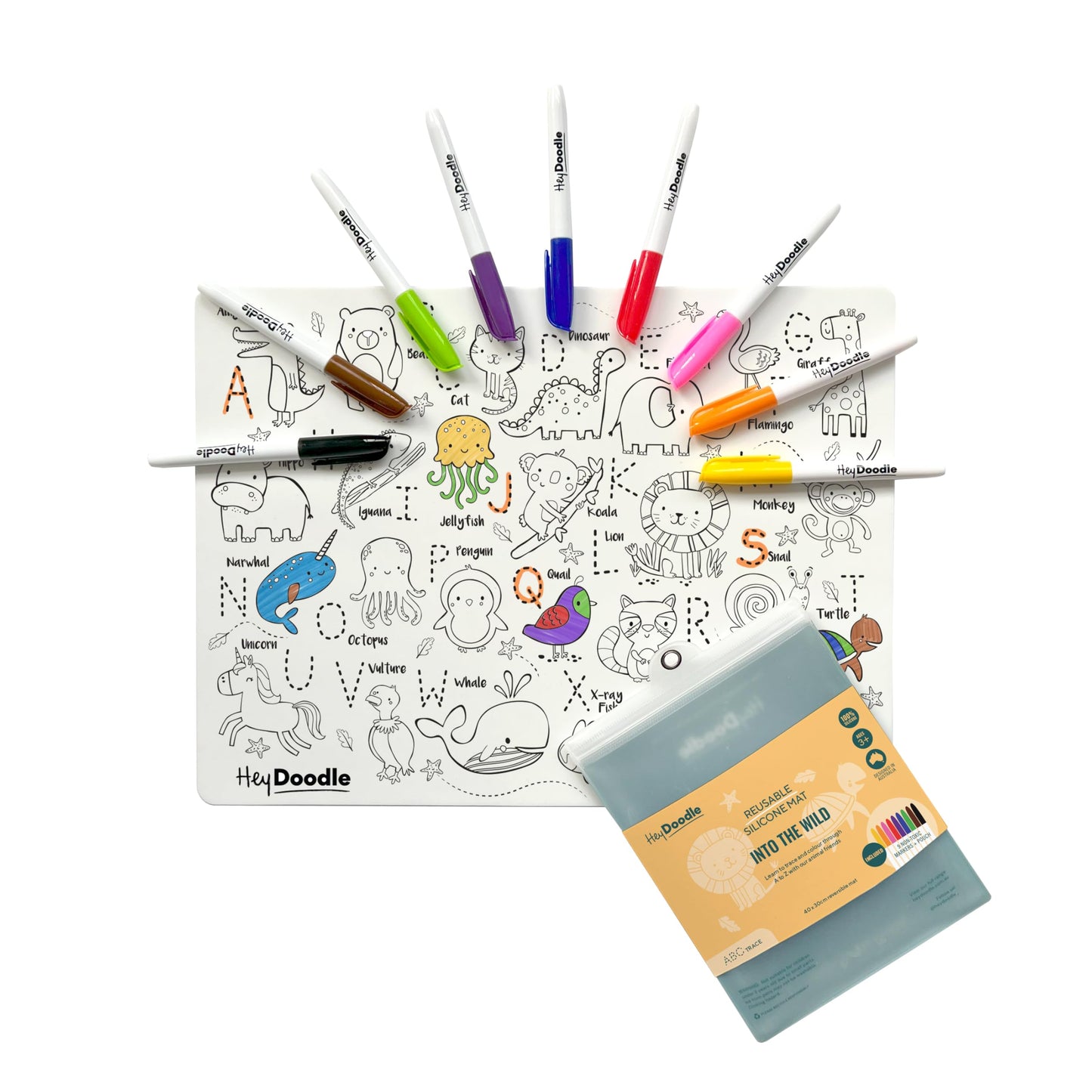 HeyDoodle Into The Wild Classic Doodle Mat – Reusable Silicone Alphabet Coloring Mat for Toddlers and Kids – Educational Animal Activity Pad with 9 Markers – Mess-Free Travel Toy – Ages 3-7