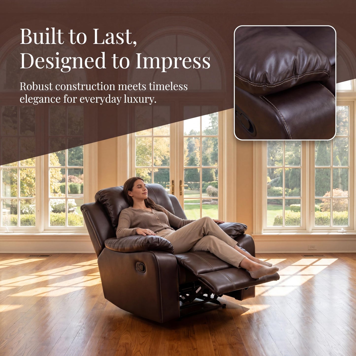 Trygoal Single Leather Manual Recliner Chair, Oversized Lazy Boy Recliner with Home Theater Seating, Breathable Living Room Reclining Chair for Adults Reading, Gaming, Relax, Brown