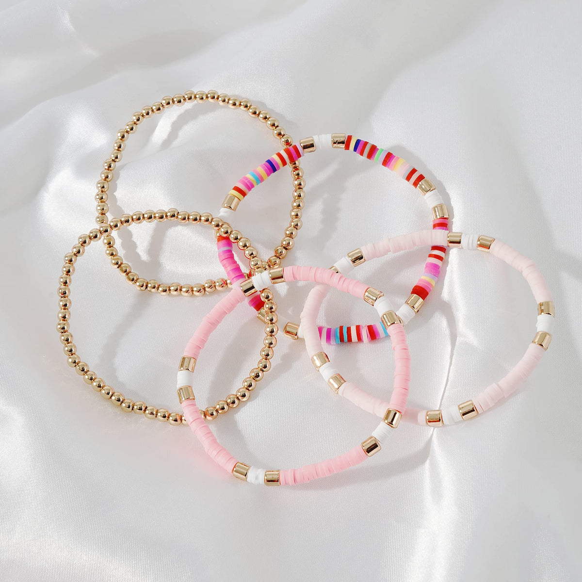 GOOJIDS Surfer Heishi Clay Bead Bracelets for Women Bohemian Stackable Gold Plated Beaded Stretch Bracelets Elastic Layering Friendship Bracelets Set Boho Jewelry