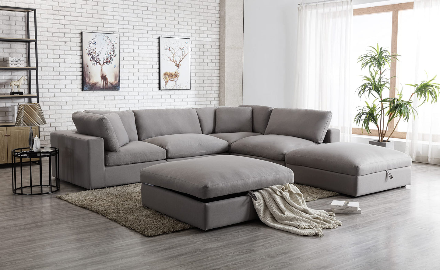 Roundhill Furniture Rivas Contemporary Feather Fill 5-Piece Modular Sectional Sofa with Two Ottomans, Graphite