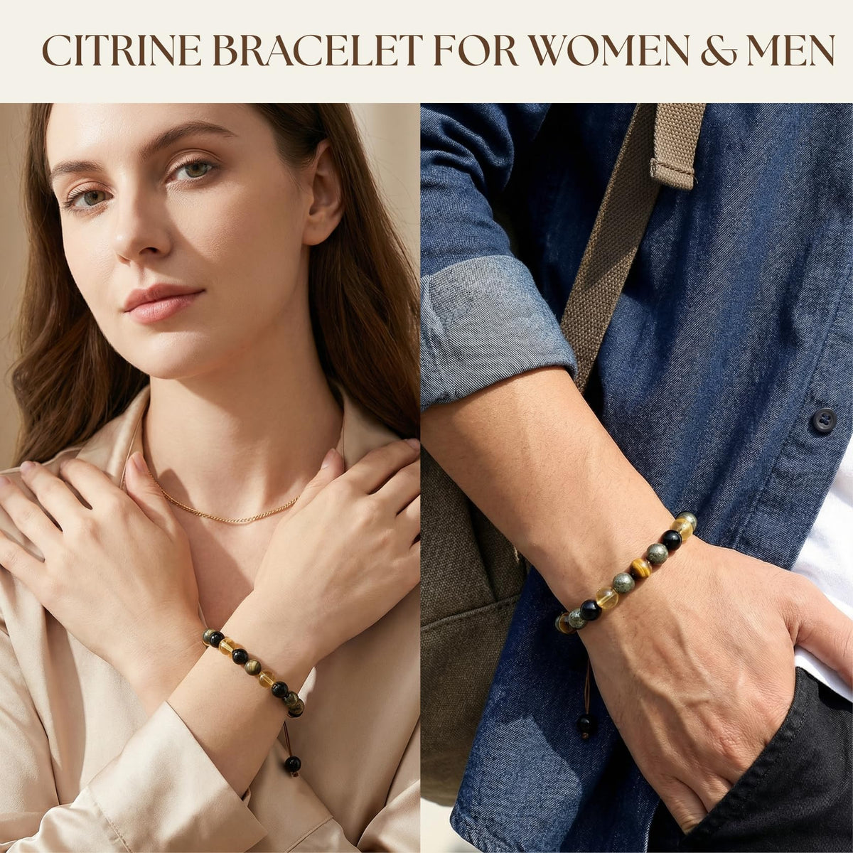 Atminafays Citrine Bracelet for Women & Men | Genuine Crystal Bracelet for Money, Wealth & Success with Pyrite & Obsidian | Adjustable Feng Shui Bracelet