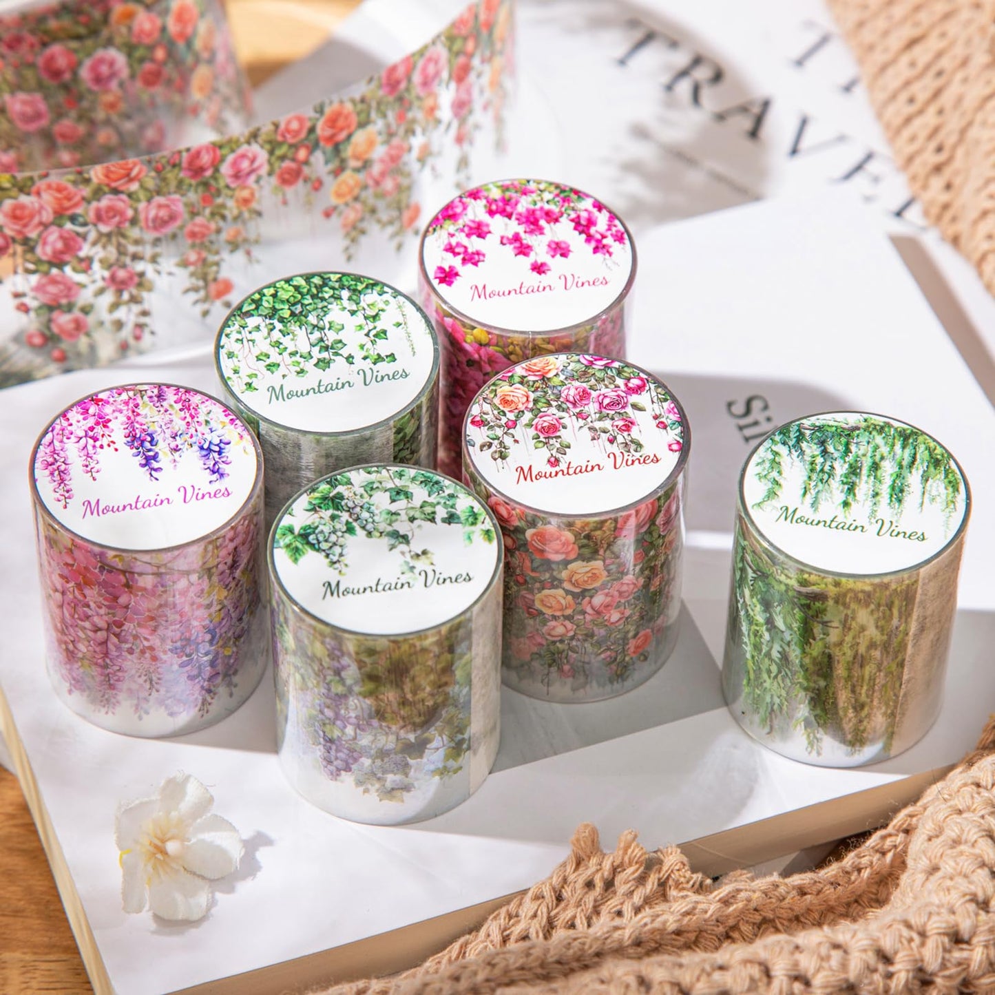 Funincloud PET Tape Stickers for Journaling 6 Rolls Pre-Cut Flower Washi Tape Stickers Decorative Tape for Crafts Scrapbooking Junk Journal Supplies, Flower Vine
