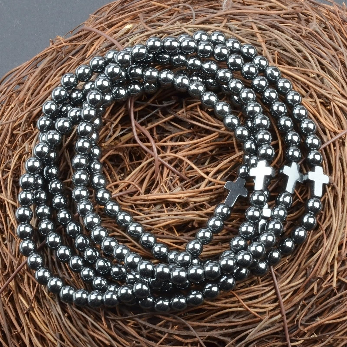 MASSIVE BEADS Hematite and Cross - Holy God Handmade Handmade Yoga Stretch Elastic Bracelet Natural Stone Crystal Healing Power Energy Gifts for Unisex Adult 4mm