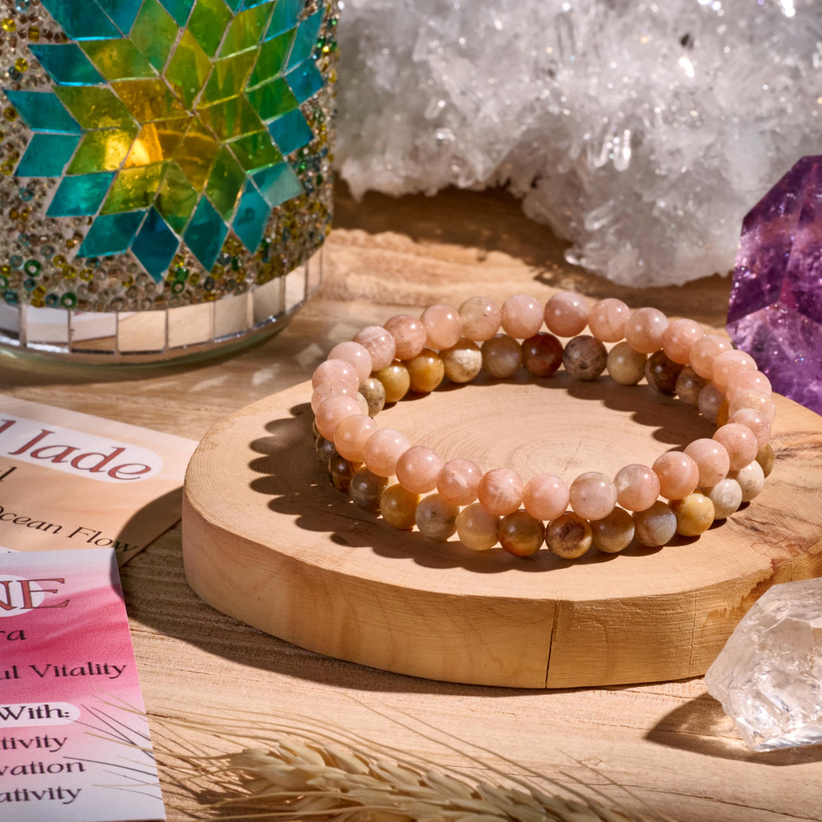 Bivei 2-Piece 8mm Beaded Bracelets for Women - Sunstone, Coral Jade – Handmade Natural Crystal Stretch Elastic Jewelry Yoga Meditation Protection Gifts