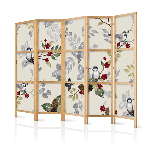artgeist Japanese Room Divider XXL Birds Forest Nature Leaves Botanical 90 x 67 in - 5 Panel Folding Screen Japan Design Home Decoration Art Deco b-B-0593-z-c