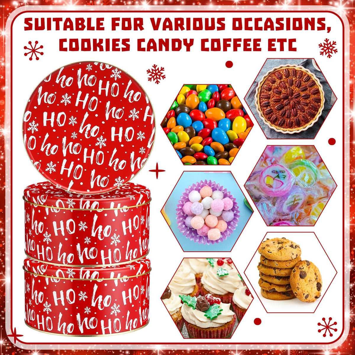 Suttmin 6 Pcs 6.6 Inch Christmas Cookie Tins with Lids Round Metal Red Snowflake Tin Containers for Gift Giving Decorative Storage Box for Holiday Baking Chocolate Snack Party Favors