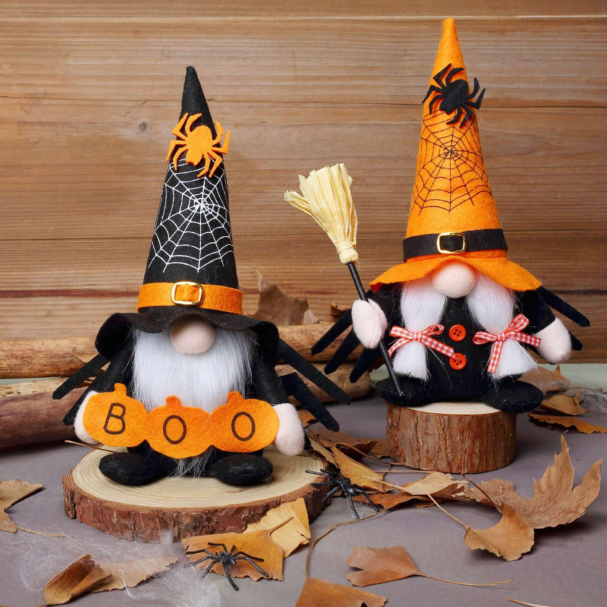 Ni-JASW Halloween Plush Gnomes Set of 2, Spooky Orange Black Spider Web Swedish Tomte Elf Figurines for Tiered Tray Home Decor