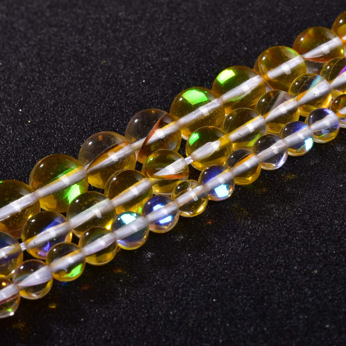 Asingeloo 48PCS 8mm Yellow Angel Aura Round Gemstone Polished Mermaid Aura Moonstone Bead Smooth Stone Loose Beads Crystal Quartz for DIY Jewelry Making 1 Strand 15”