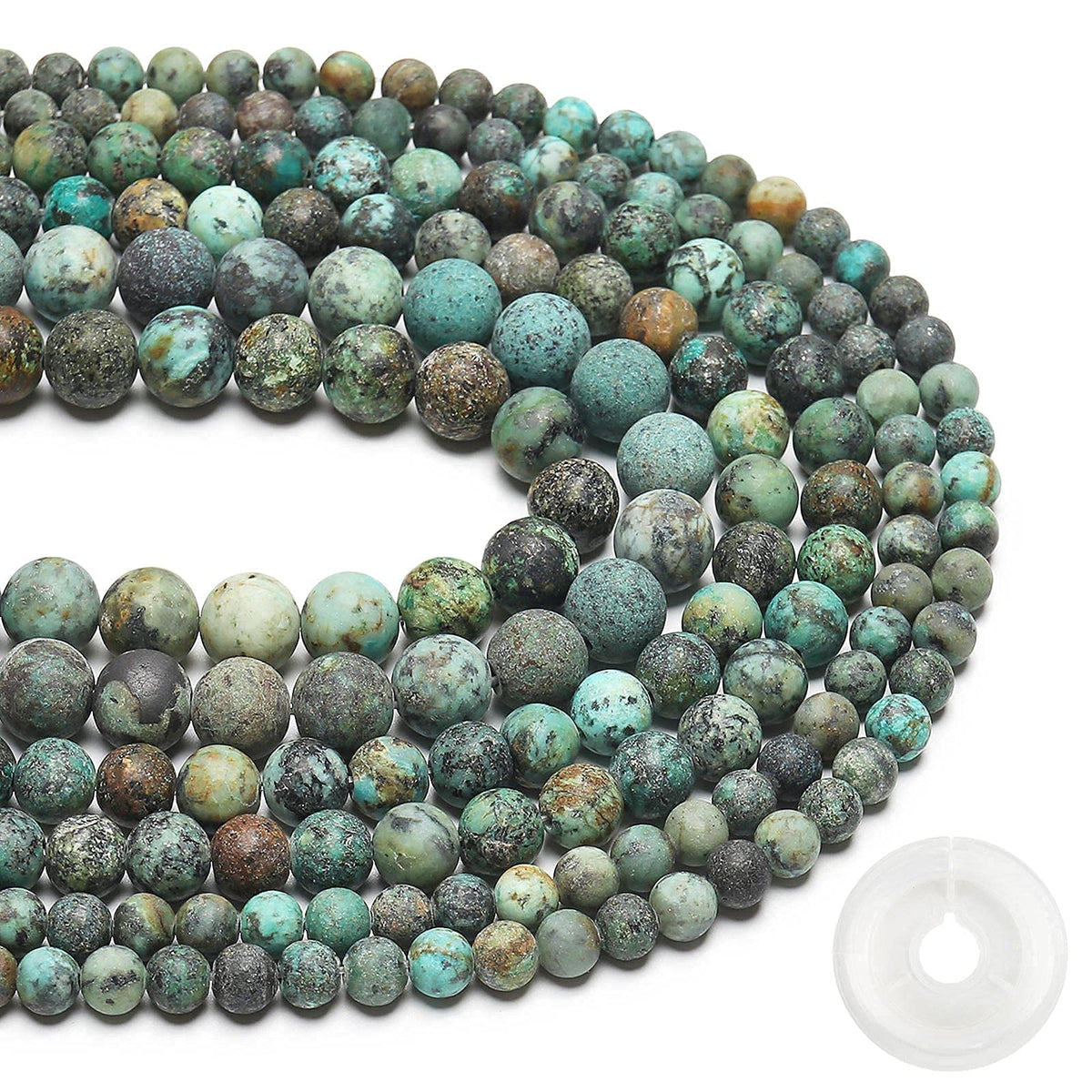 Natural Matte African Turquoise Beads, 8MM Round Frosted Unpolished Loose Gemstone Beads for Bracelet Necklace Jewelry Making, Energy Stone Healing Power with Stretch Beading Cord