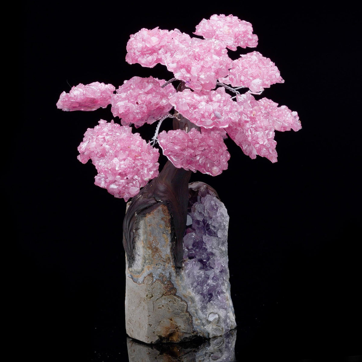 Rose Quartz Gemstone Tree on Amethyst Base, Crystal Tree with Natural Rose Quartz and Amethyst Stone, Decorative Healing Crystal Bonsai Tree