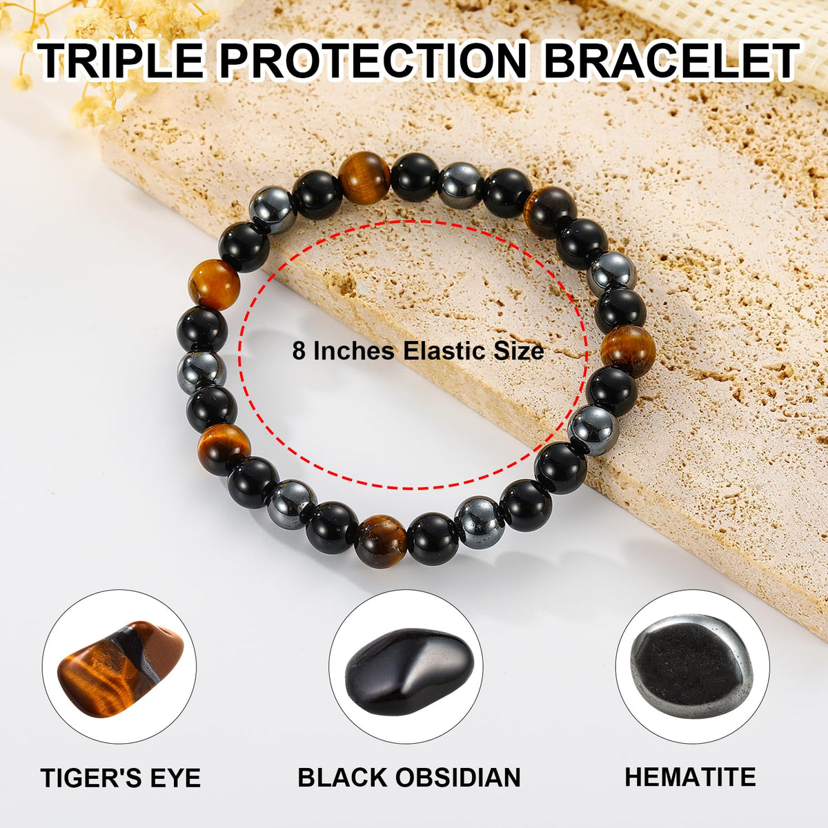 Gnamy Triple Protection Beaded Bracelet Gifts for Men, Tiger Eye Black Obsidian Hematite Bracelets Birthday Valentines Day Anniversary Healing Sobriety Jewelry Gifts for Him Husband Dad Boyfriend Brother
