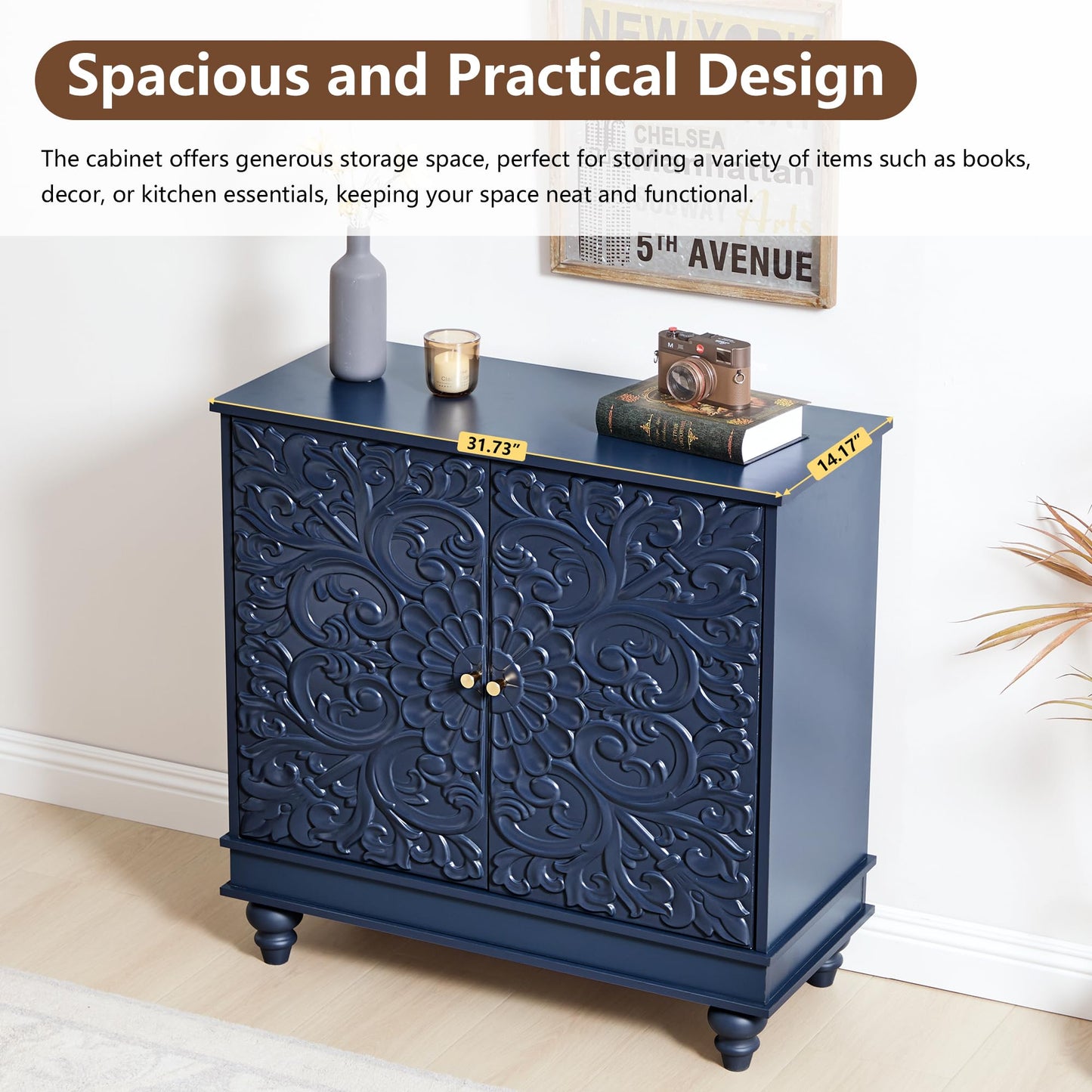 weselon Accent Cabinet Set of 2, Luxury Carving Board Buffet Cabinet with Storage, Storage Sideboard Entryway Table with 2 Doors and Adjustable Shelves (Midnight Blue)