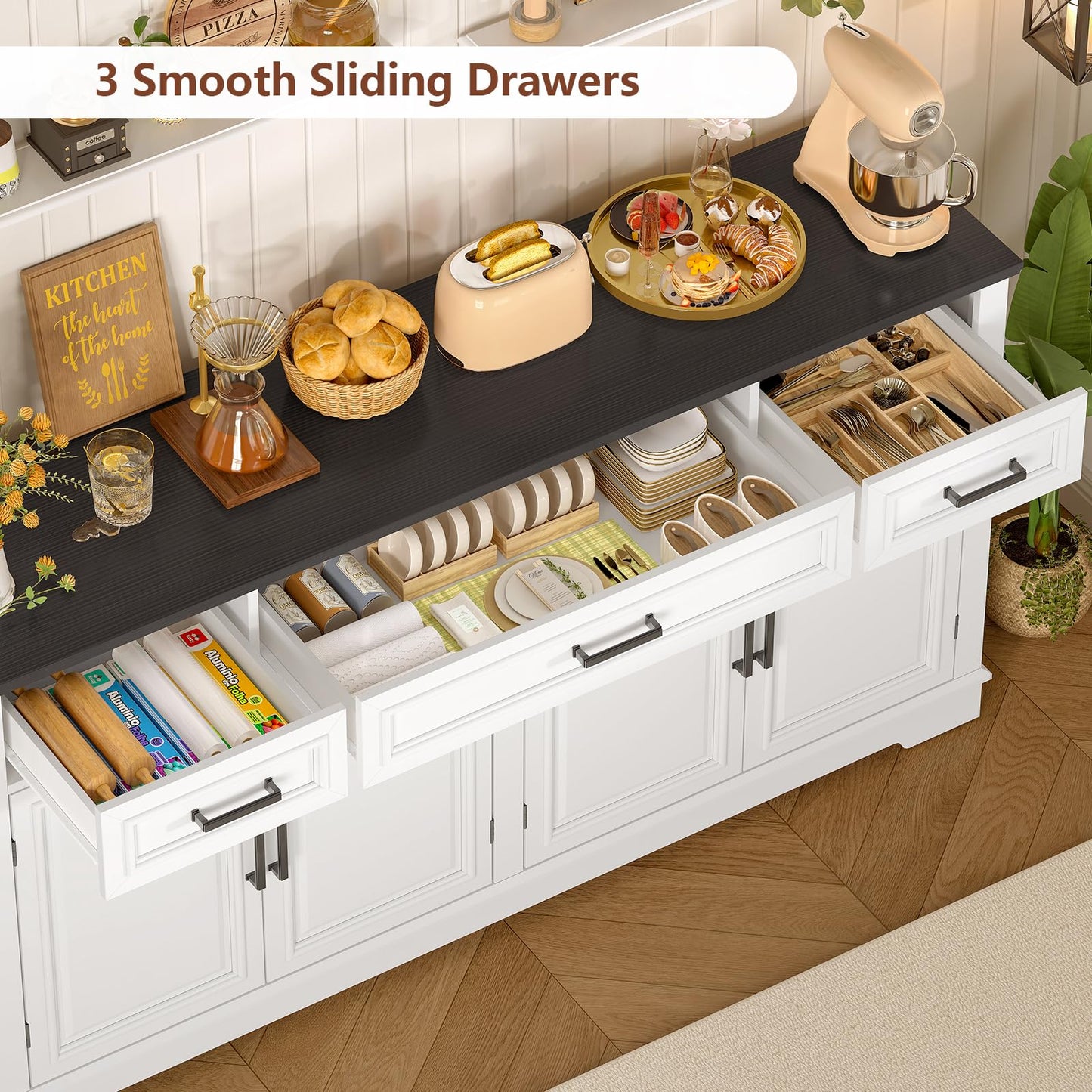 usikey 59” Large Buffet Cabinet with 4 Doors and 3 Drawers, Buffet Sideboard Cabinet with Storage and 2 Adjustable Shelves, Coffee Bar, Wine Bar for Living Room, White