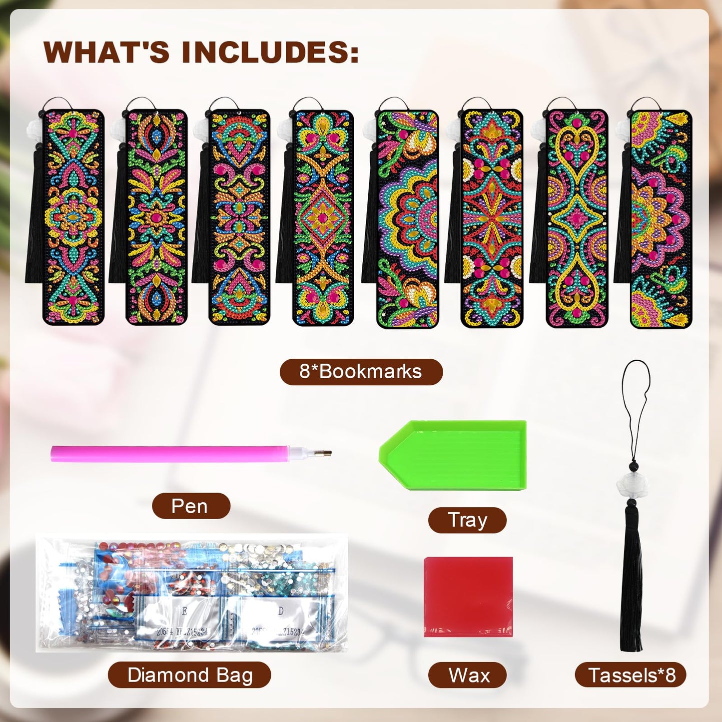 geesfayan 8 Pcs Diamond Art Bookmarks Kits for Adults with Tassel, 5D DIY Book Marks Dimond Art Paintings Gem Art,Diamond Painting Bookmarks for Book Lovers(Mandala)