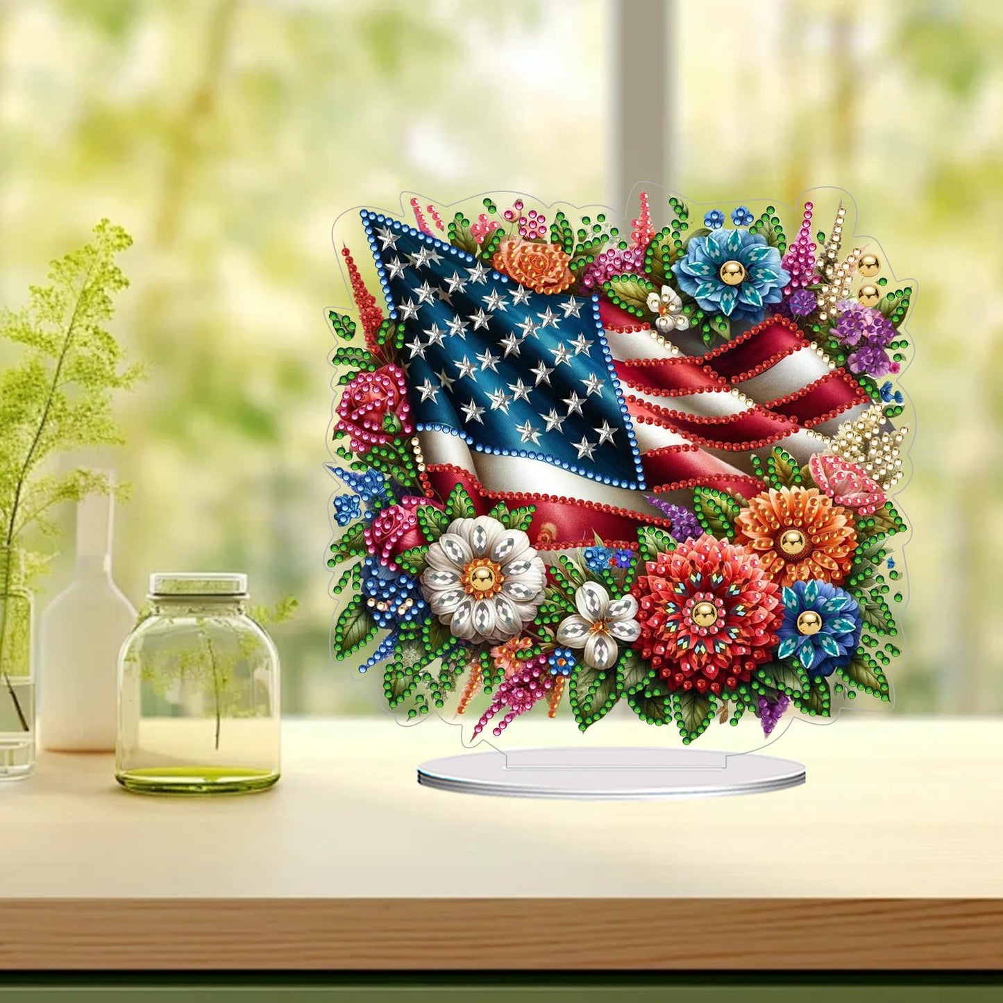 ARTopet DIY Diamond Desktop Ornaments Diamond Art Full Round Drill Paint by Numbers Mosaic Kits Tabletop Ornaments Single Sided Diamond Design Home Decor-Independence Day Bouquet