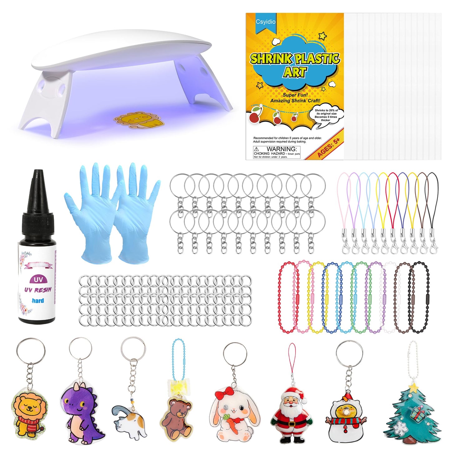 Csyidio 160PCS Shrink Plastic Sheet Kit with 15PCS Shrink Papers, UV Resin, UV Lamp and Keychains Accessories for Kids Craft Ornaments, DIY Key Chains & Christmas Decor