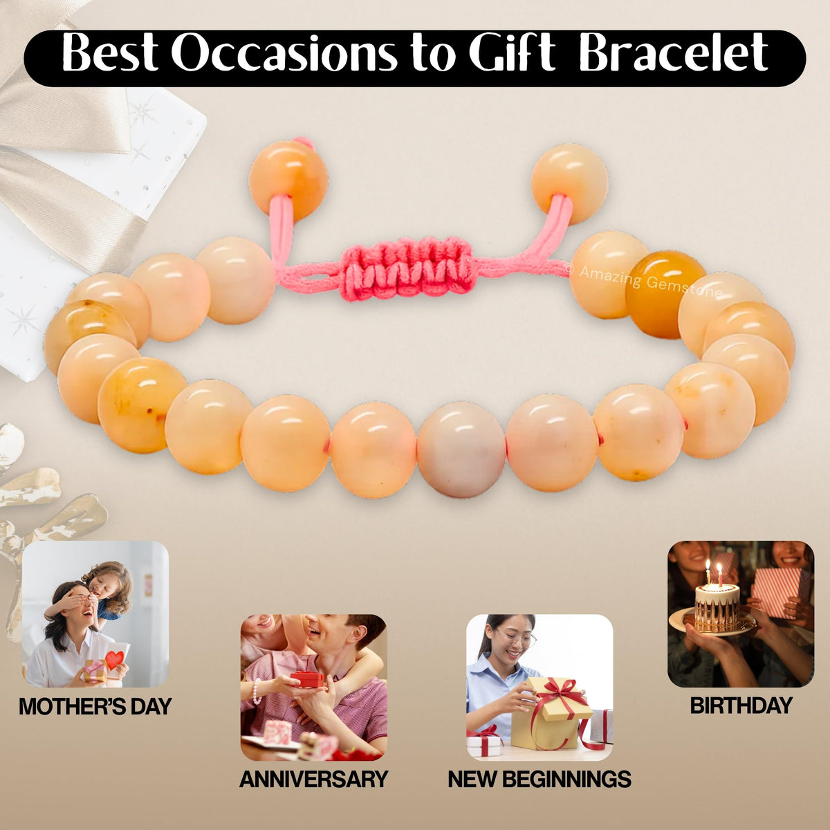 Amazing Gemstone Canadian Flower Agate Bracelet for Women Men's Gifts - Protection Healing Crystal Bracelet - 8mm Gemstone Beaded Adjustable Bracelet Pulseras Para Hombres Mujer Stocking Stuffers