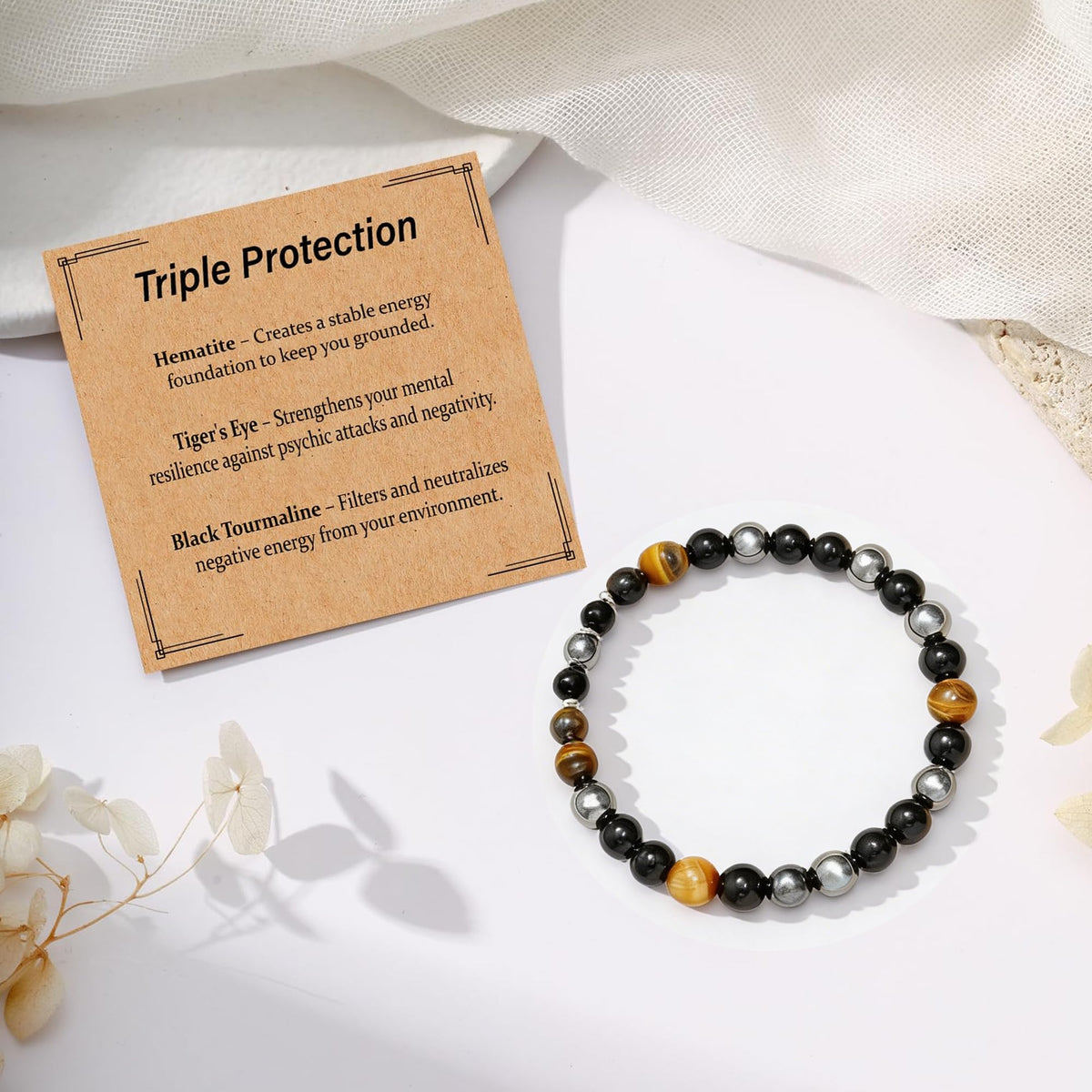 Kenailw Triple Protection Bracelet Gifts for Women, Healing Crystal Beaded Hematite Black Tourmaline Tigers Eye Natural Stone Healing Birthday Christmas Gifts Jewelry for Her Mom Best Friend