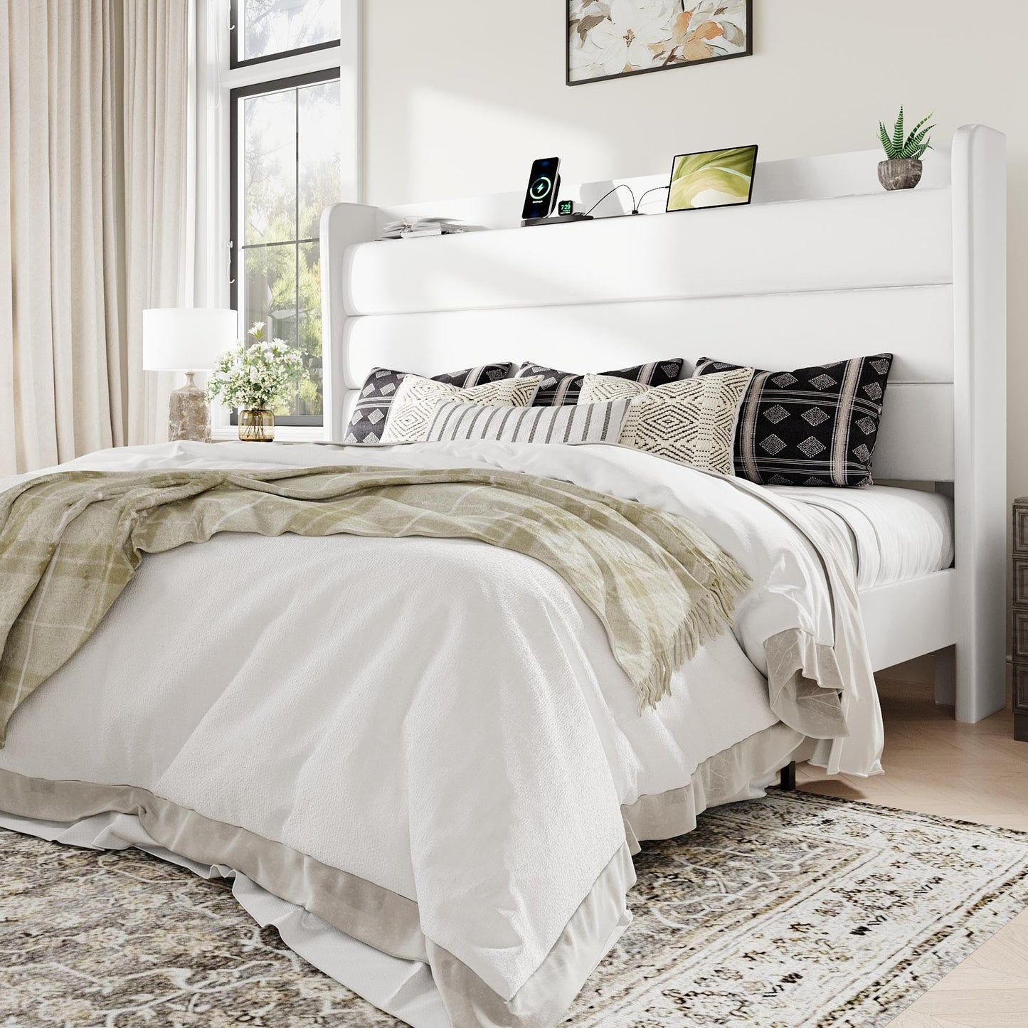 Allewie King Size Upholstered Bed Frame with Charging Station & Storage Headboard, Soft Velvet Wingback Platform Bed, Strong Wooden Slats Support, No Box Spring Needed, Easy Assembly, White