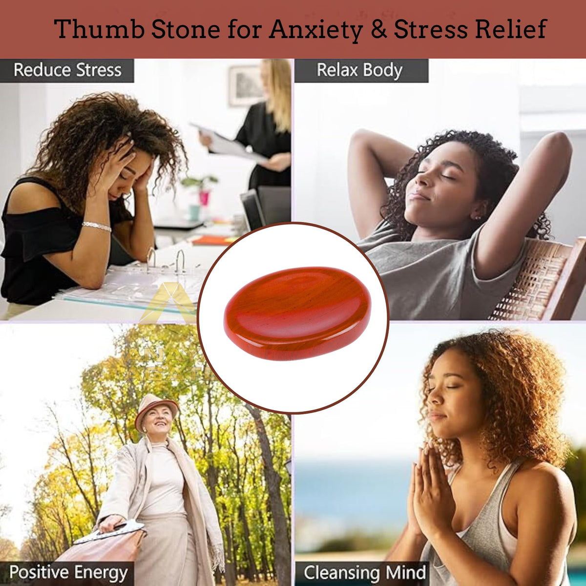 Anaya Agate Red Jasper Worry Stones Certified Crystal Thumb Worry Stone for Anguish, Relaxing and Soothing Balance Stones for Meditation, Stress Relief Crystals and Healing Stones for Men, Women