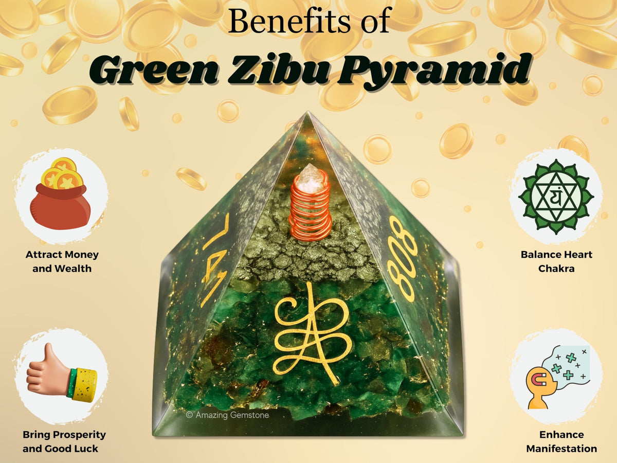 Amazing Gemstone Orgone Pyramid for Money Zibu Symbol Green Aventurine Crystals and Healing Stones - Authentic Orgonite & Organite Gifts to Atrract Money Abundance Wealth Home Lucky Stone 808520741