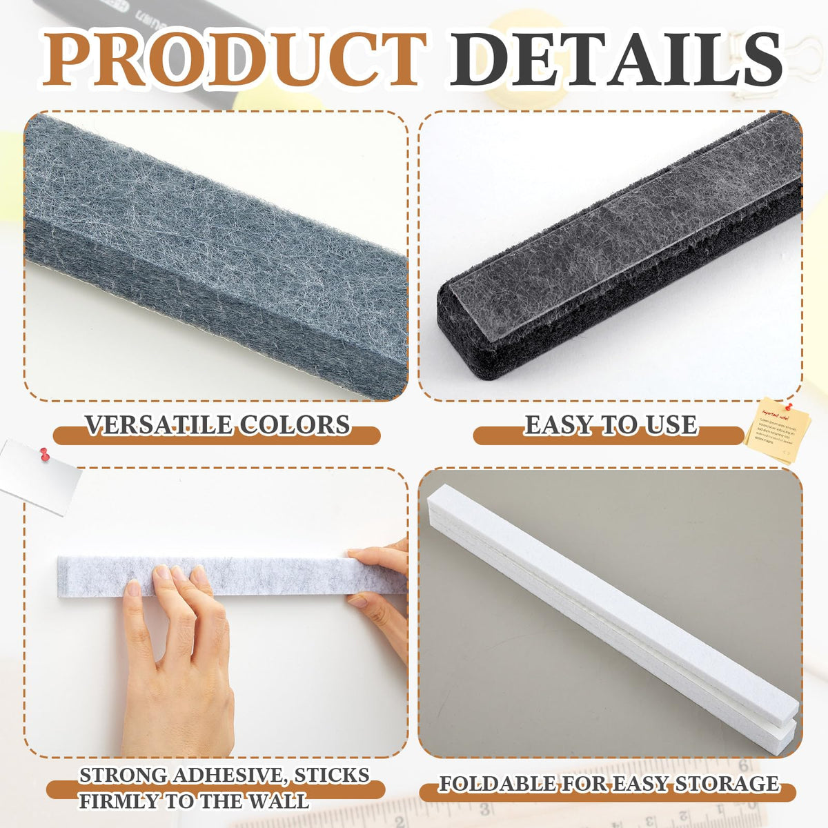 Mooliwe 4 Pcs 48" x 1" Felt Cork Bulletin Bar Strips for Wall, Self-Adhesive Notice Board Strips, Wall Decor for Notes, Photos, Schedules, Office & Home Use (Silver Black White Grey)