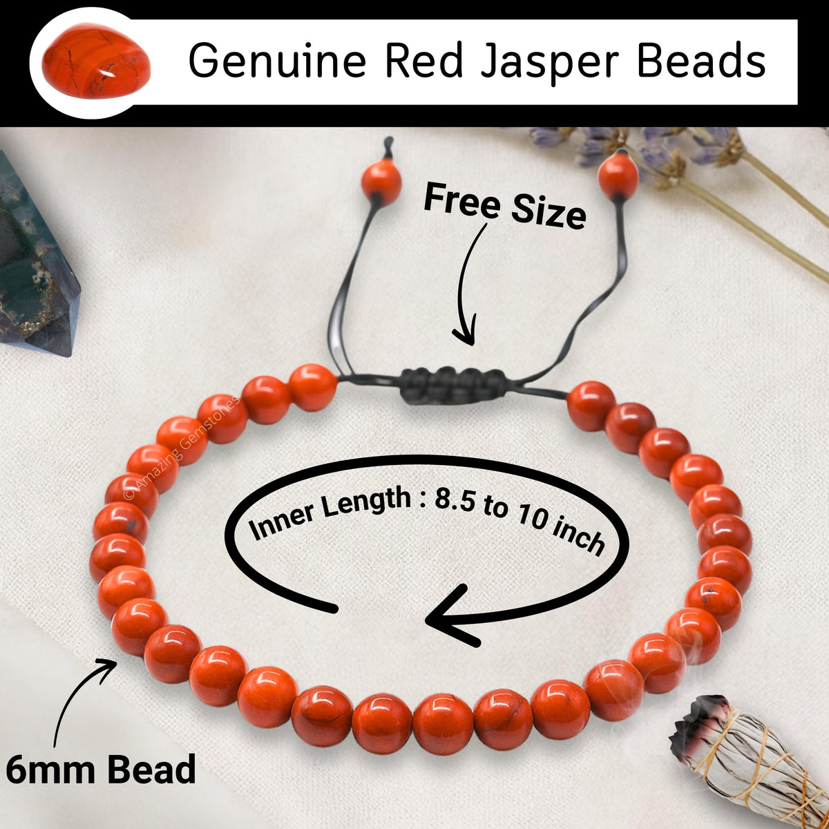 Amazing Gemstone Red Jasper Anklet Ankle Bracelets for Women - Waterproof Beaded Healing Crystal Anklets, Plus Size Chakra Gemstone Bead Anklet (Stretchy Adjustable - Plain)